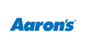 The Aaron’s logo in blue bold letters on a light gray background.