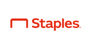 Staples logo with a red, bent staple symbol to the left of the word “Staples” in bold red text on a light gray background.