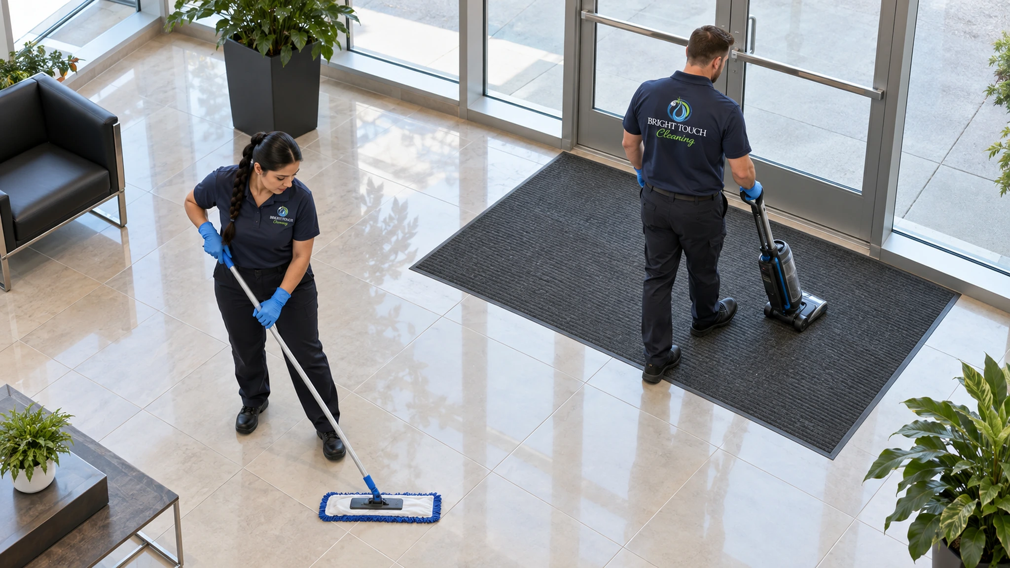 Two people in uniforms perform commercial floor care in a lobby; one mops the tile floor while the other vacuums a black entrance mat near glass doors.