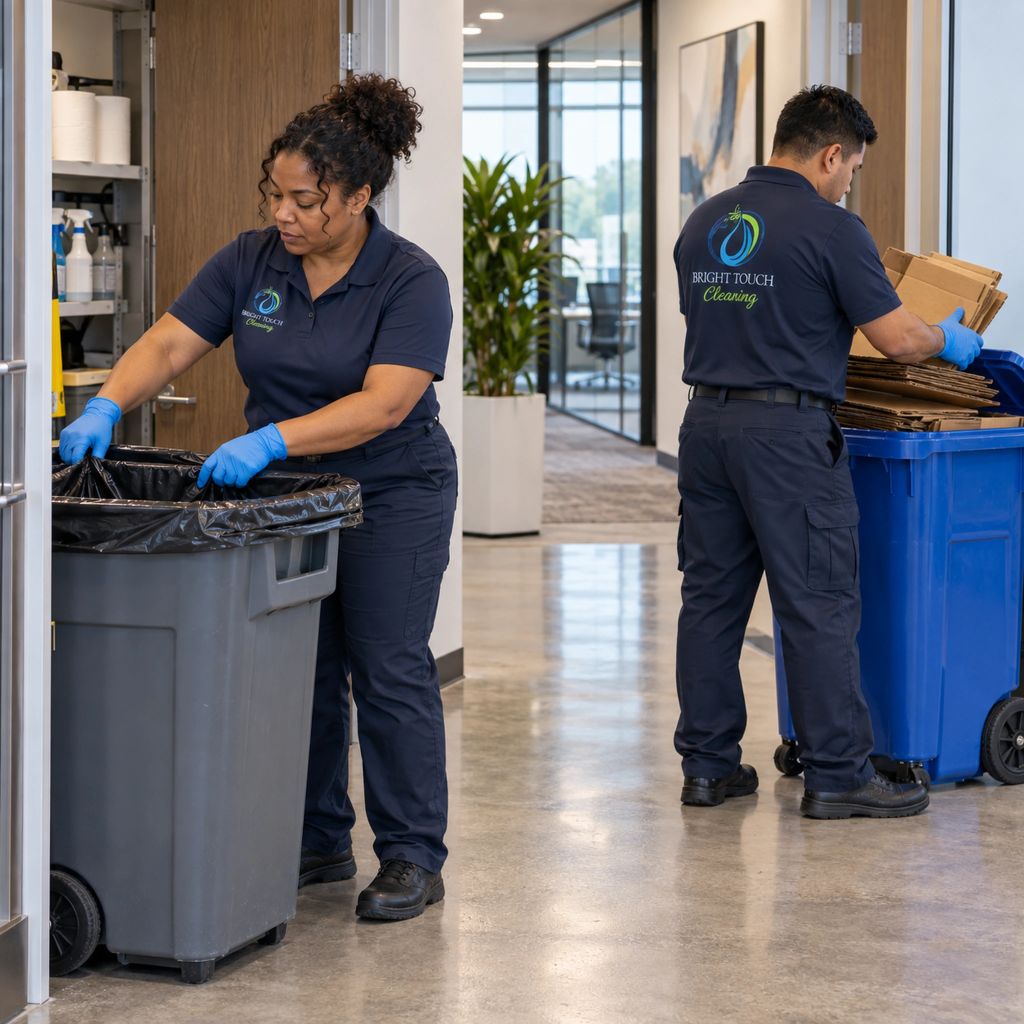 Two cleaning staff sort trash and cardboard for recycling in an office hallway as part of their facility cleaning duties, both wearing navy uniforms and gloves.