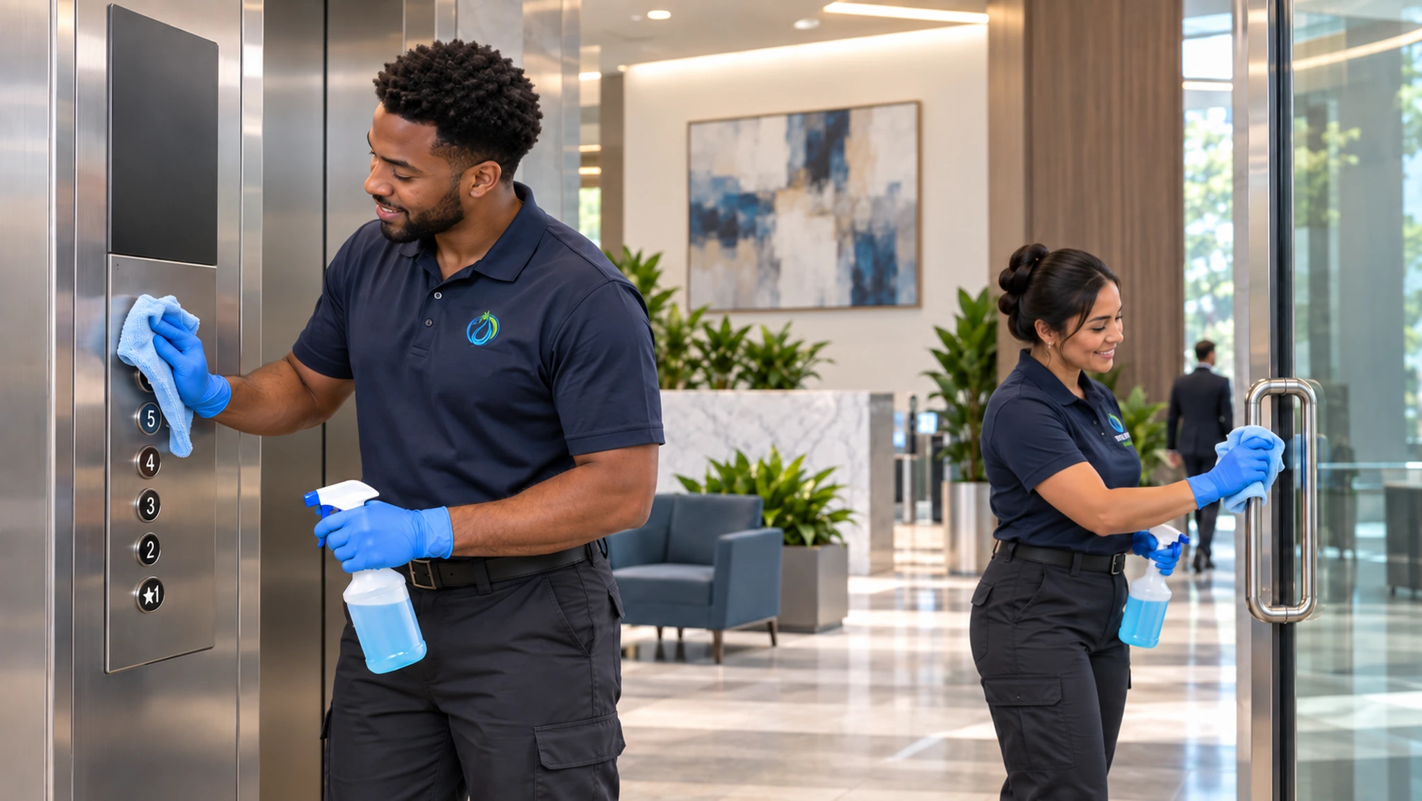 Two janitors wearing gloves and uniforms are cleaning a modern office lobby; one wipes an elevator panel, and the other cleans a glass door, exemplifying the attention to detail offered by professional Day Porter Services.