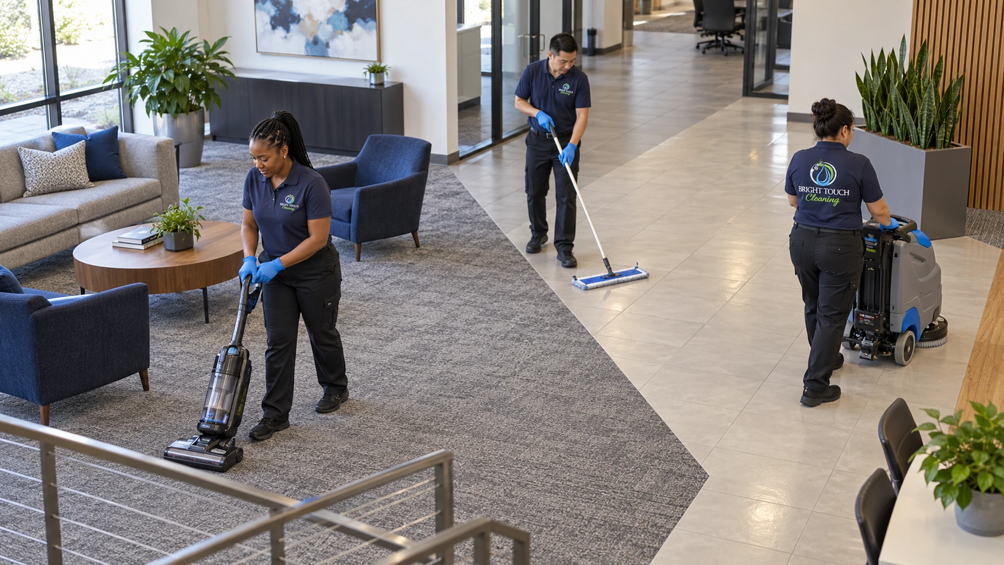 Three janitors wearing uniforms and gloves deliver exceptional commercial floor care as they clean a modern office lobby using a vacuum, mop, and floor machine.