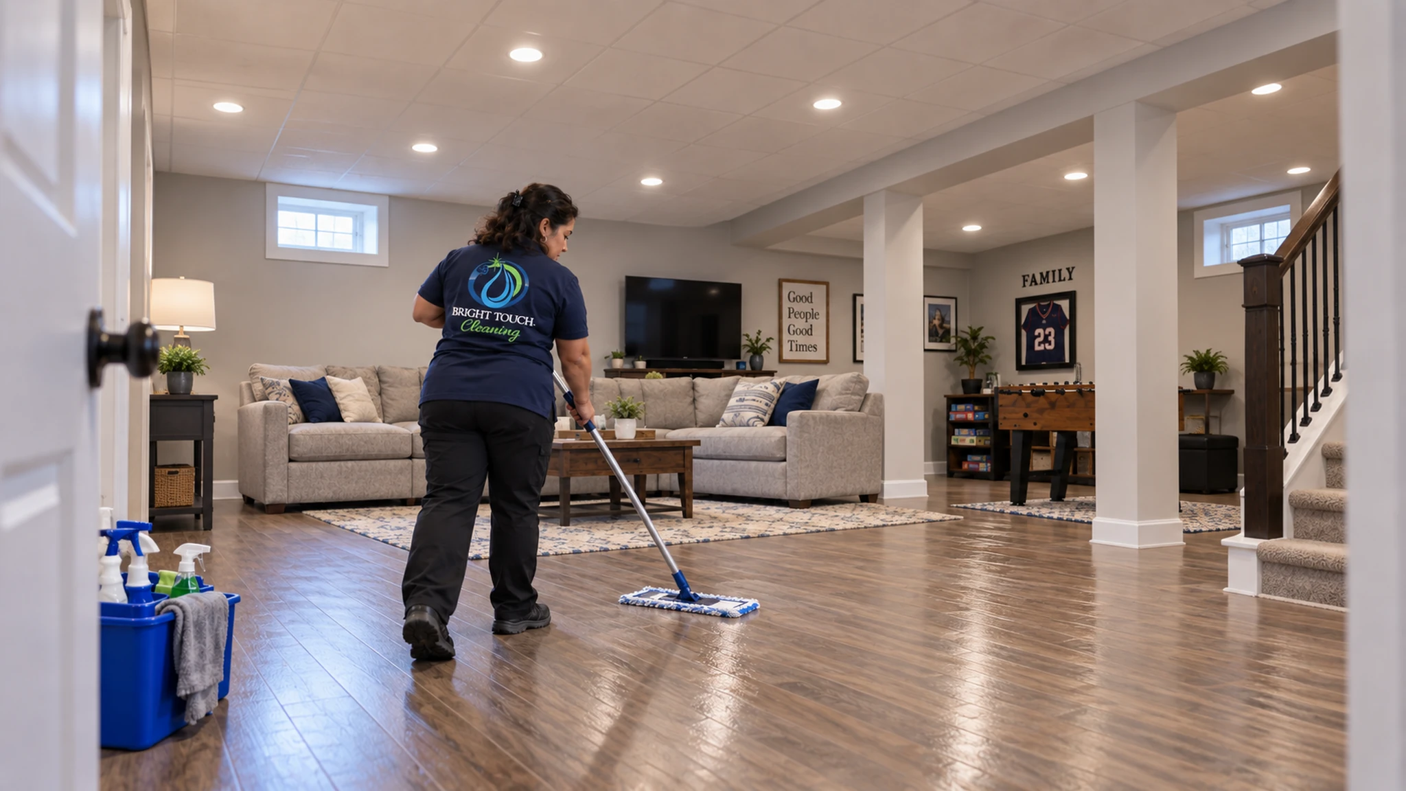 A person mops a hardwood floor in a spacious, well-lit living room with sofas, a foosball table, and framed decor.