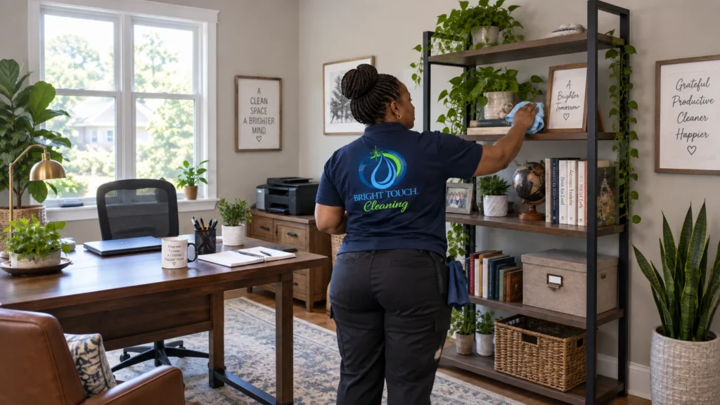 A person wearing a “Bright Touch Cleaning” shirt dusts a shelf in a tidy home office with plants, books, and framed quotes.