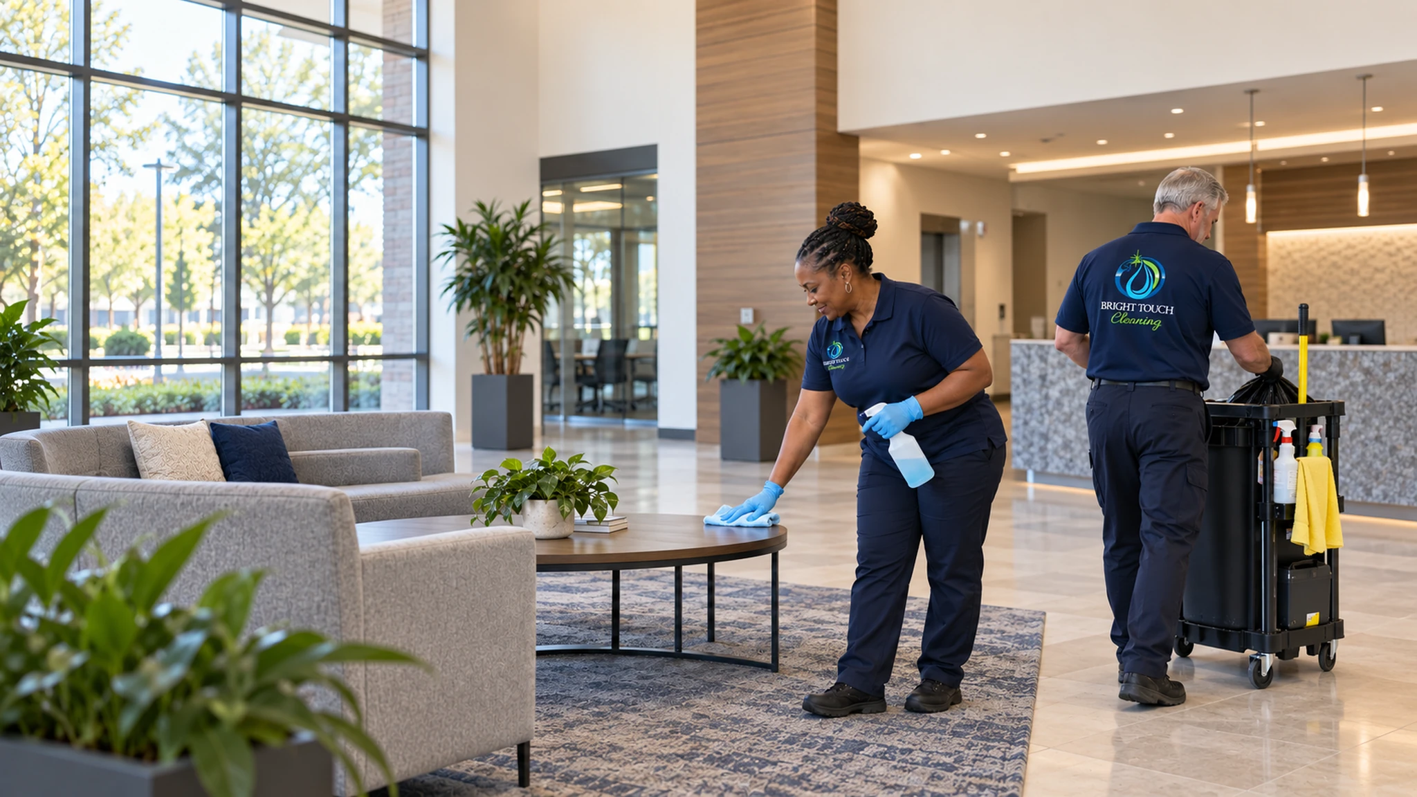 Two janitors clean a modern office lobby; one wipes a coffee table with a cloth while the other pushes a cleaning cart.