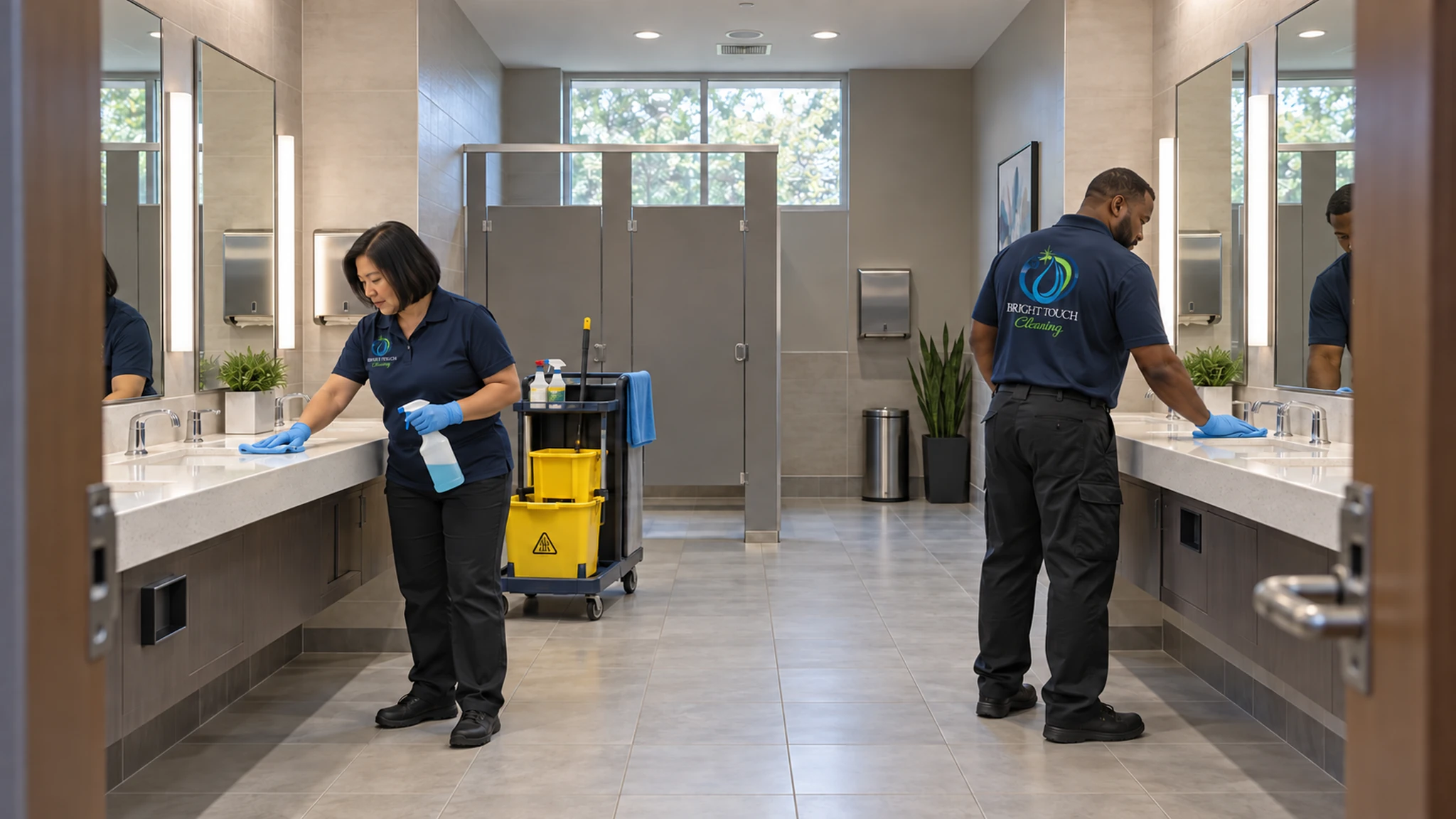 Two custodial staff perform commercial cleaning as they clean sinks in a public restroom; cleaning supplies and a yellow caution sign are visible in the background.