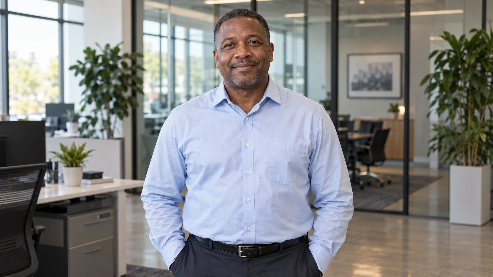 Man wearing a light blue shirt stands in a modern office with glass walls, plants, and desks in the background, looking at the camera with a neutral expression.
