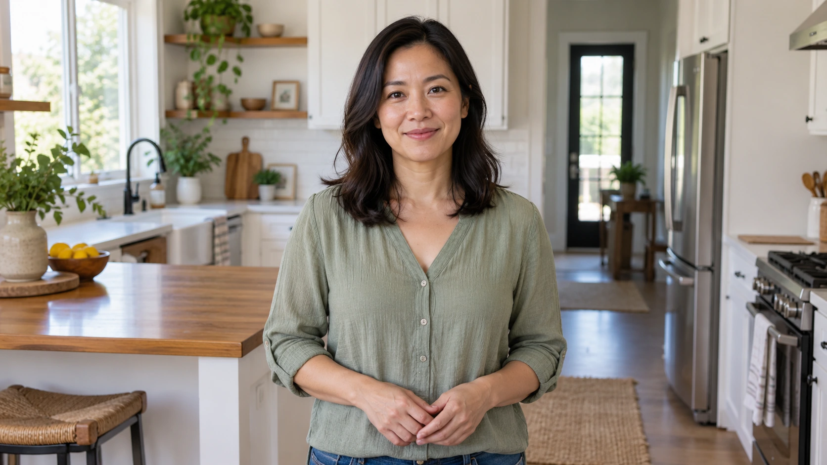 A woman stands in a bright, modern kitchen with white cabinets, wooden countertops, and indoor plants visible in the background.