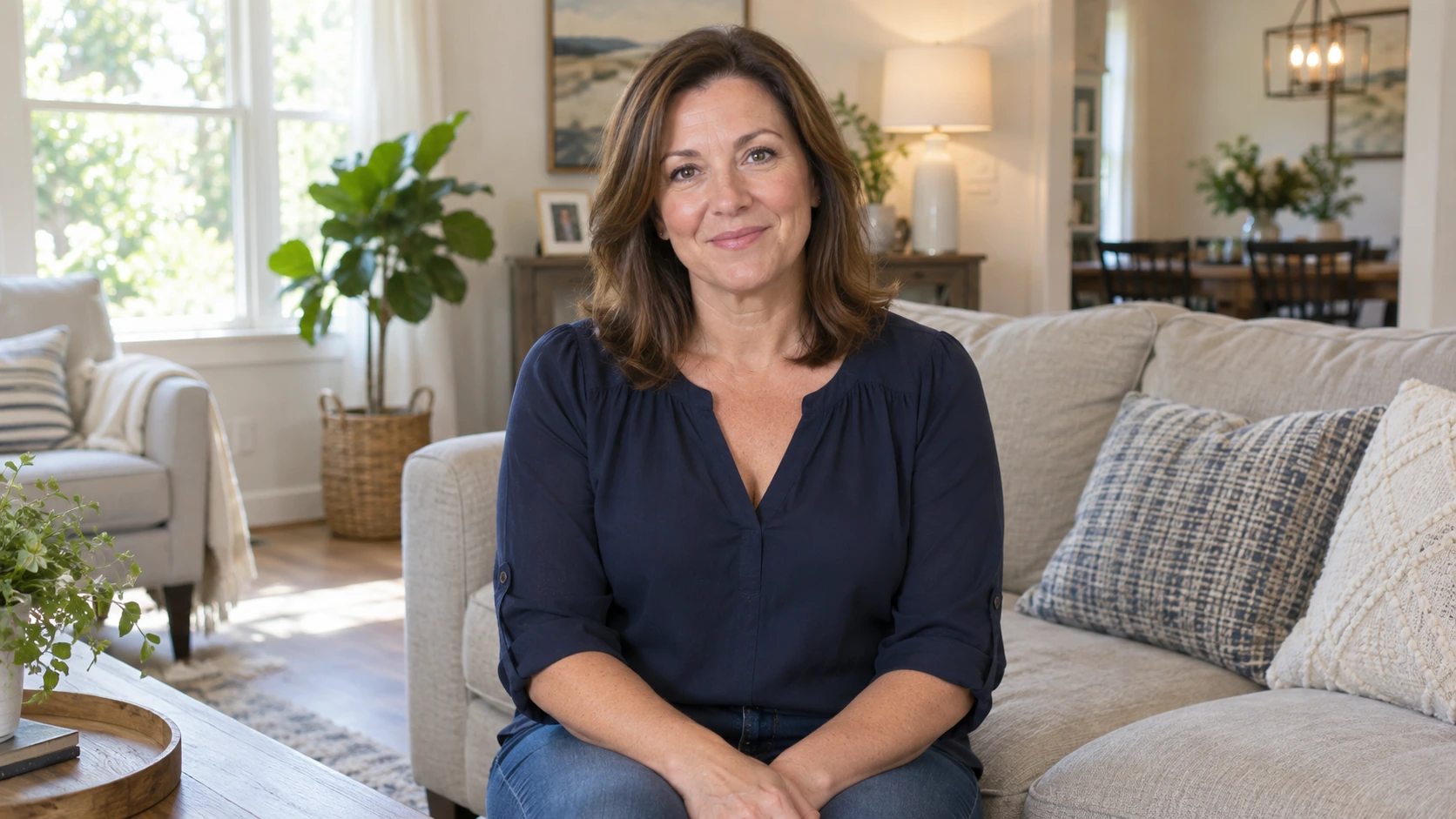 A woman sits on a beige sofa in a well-lit living room, wearing a navy blouse and jeans, with neutral decor and plants in the background.